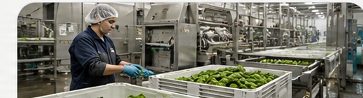 Área de procesamiento con bins y producto
